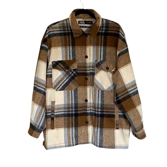 Zara Brown and Blue Plaid Button Down Jacket - Picture 2 of 7